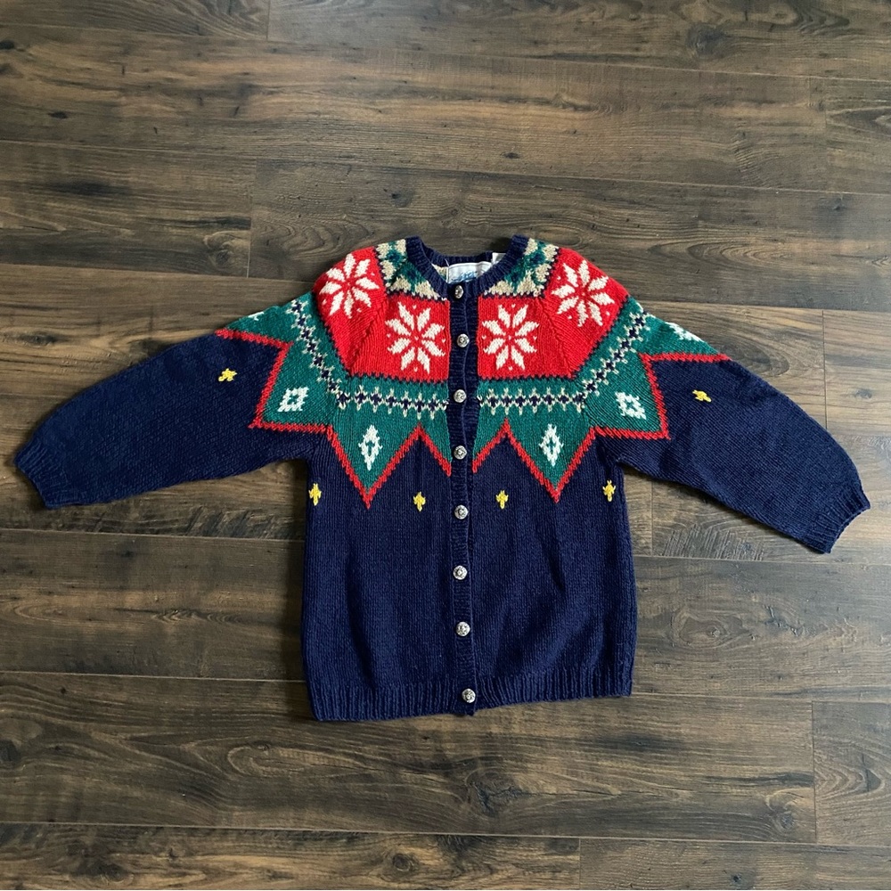 Vintage Shetland Wool Fair Isle Nordic Icelandic Snowflake Ski Cardigan Sweater